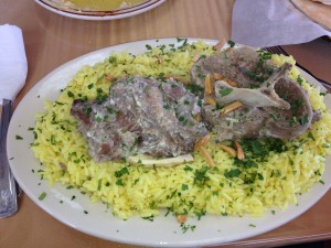 Mansaf (mensiff) -- lamb, rice, toasted Syrian pita bread and jameed sauce -- popular as a holiday dish and the national dish of Jordan. Photo courtesy of Ray Hanania