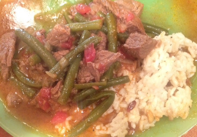 Fasulia, beef chunks and green beans with rice side dish