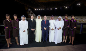 (Left to right all Etihad Airways) Hareb Al Muhairy, VP UAE; Peter Baumgartner, Chief Commercial Officer; Abdul Qader Hussein Ahmed, VP Government and International Affairs; James Hogan, President and Chief Executive Officer; Khaled Al Mehairbi, SVP Government and Aeropolitical Affairs; Hasan Al Hammadi, SVP Executive Affairs; with members of the airline&apos;s cabin crew, in front of Etihad Airways&apos; first A380. (PRNewsFoto/Etihad Airways)