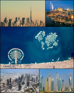 Clockwise from the top: skyline with Burj Khalifa; Burj Al Arab; satellite image showing Palm Jumeirah and The World Islands; Dubai Marina; and Sheikh Zayed road.