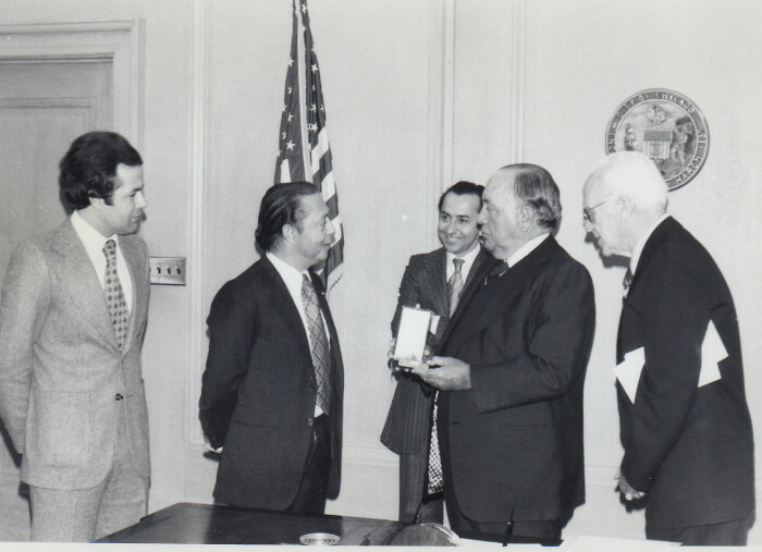 The Ambassador of Morocco (2nd from left) greets Chicago Mayor Richard J. Daley (2nd from right) at his City Hall office to receive a commemoration honoring the special relationship between America and Morocco. Picture center is Baker Lemseffer who was the director of the CHicago office of the Morocco Cultural Center. On the right is Col. Jack Reilly and on the left is a Moroccan aid who accompanied the Ambassador. The story was the main story in a 1976 issue of The Middle Eastern Voice Newspaper published by Ray Hanania in Chicagoland. Photo (C) Copyright 1976-2017 Ray Hanania. All Rights Reserved