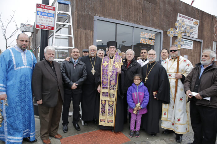 St. George Antiochian Orthodox Church parishioners and officials including Father Nicholas Dahdal (3rd from left) join Sayidna Anthony in commemorating the Honorary Street dedication which took place in front of the church on Sunday, March 29, 2015.