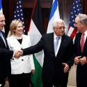 Israeli Prime Minister Benjamin Netanyahu (first from left), U.S. Secretary of State Hillary Rodham Clinton (second from left), Palestinian President Mahmoud Abbas (third from left), and U.S. Special Envoy for Middle East Peace George C. Mitchell (fourth from left) chat after their meeting in Sharm El Sheikh, Egypt, on September 14, 2010. Department photo/ Public Domain (Photo credit: Wikipedia)