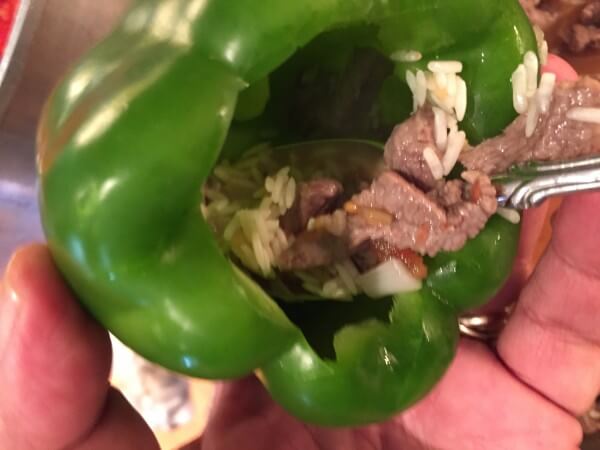 hollowed green peppers, with stuffing added