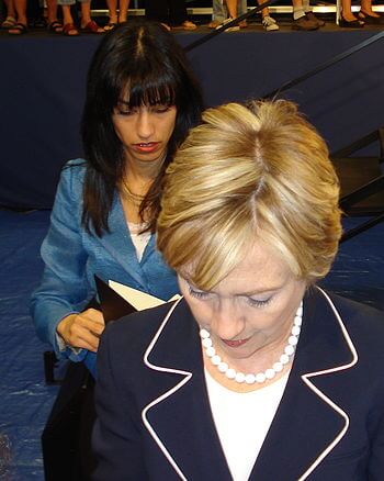Hillary Clinton, followed by Huma Abedin. Gree...