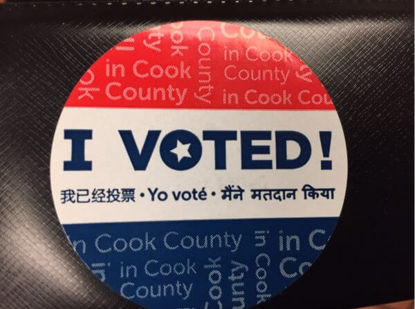 Voting sticker issued to voters in Cook County elections in 2016. Photo courtesy of Ray Hanania
