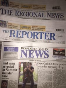 Copies of the Des Plaines Valley News, The Reporter Newspapers, The Regional News, and the Southwest News-Herald. Photo courtesy of Ray Hanania