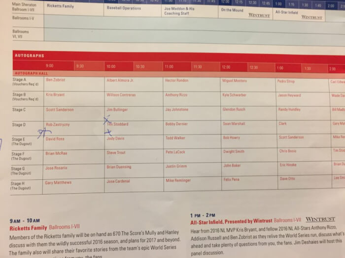 Schedule of autograph sessions at 2017 Cubs Convention. Photo courtesy Ray Hanania. Permission granted to republish with full attribution