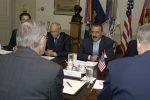 President Ali Abdallah Salih (center), of the Republic of Yemen, and his delegation meet with Secretary of Defense Donald H. Rumsfeld and his staff at the Pentagon on June 8, 2004. The two leaders are meeting to discuss defense issues of mutual interest. DoD photo by Helene C. Stikkel. (Photo credit: Wikipedia)