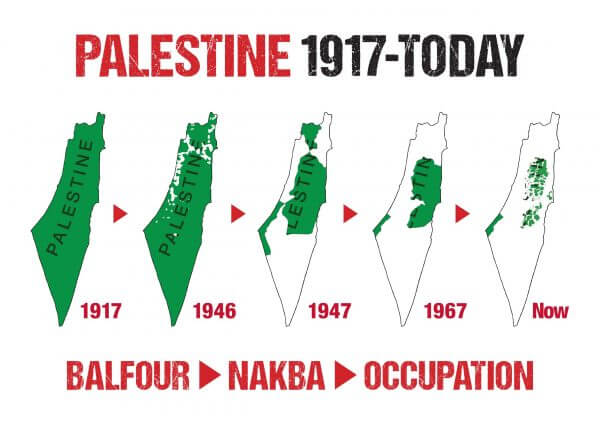 Timeline of the confiscation of Palestinian lands by Israel since 1947 and the partition by the United Nations. Photo courtesy of the Palestine Solidarity Campaign