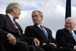 American un-prosecuted war criminals, Secretary of Defense Donald Rumsfeld, President George W. Bush and Vice President Dick Cheney, owner of Halliburton at the U.S. Pentagon. (Photo credit: Wikipedia)