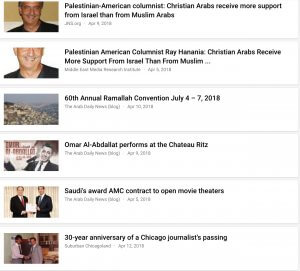 Screen shot of Google News placement of stories Ray Hanania has written, showing how articles written by pro-Israel sources are given higher and longer placement on Google News searches while the original articles written by Arabs and Palestinians are played down in search results. This is the top portion of the page.