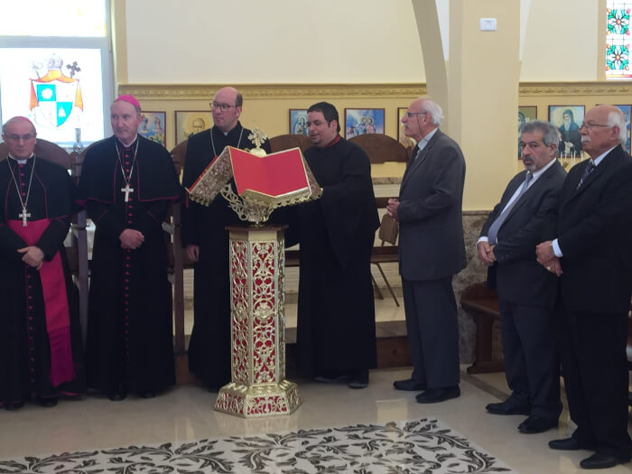 R-L : Mayor of Taybeh, Mr. Nadim Barakat, former Mayor of Taybeh, David Khoury, and representatives of Latin Patriarchate of Jerusalem standing with the magnificent chanter Jack Rabah!