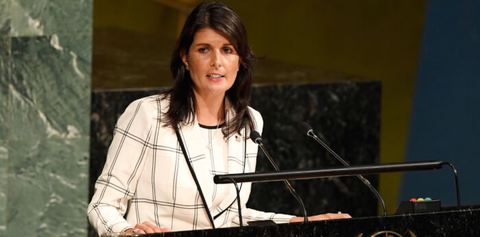 Racist hypocrite Nikki Haley defends rights of all civilian victims of atrocities except those murdered and maimed by Israel. UN Photo/Evan Schneider Ambassador Nikki R. Haley of the United States addresses General Assembly on the "Illegal Israeli actions in Occupied East Jerusalem and the rest of the Occupied Palestinian Territory". Photo courtesy of the UN
