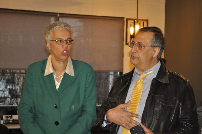 Arab American columnist Ray Hanania introduced Cook County Board President Toni Preckwinkle at a gathering of elected officials and Arab American leaders in honor of Arab American Heritage Month, April. Photo courtesy of Tasneem Abuzir