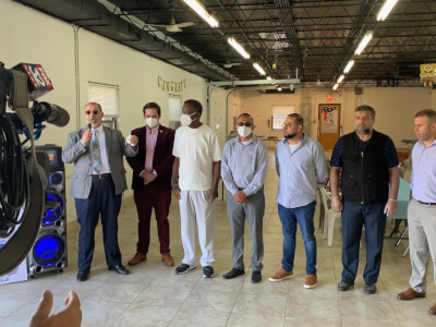 Dr. Willie Wilson(3rd from left) with Hassan Nijem and Mazen Dola and members of the Arab American community receive a donation of face masks from Dr. Willie Wilson and the Willie Wilson Foundation on Monday June 15, 2020 at the Palestine Club Center located at 7701 W 87th Street in Bridgeview.