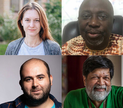 Committee to Protect Journalists CPJ Award winners for 2020: Clockwise from top left: Svetlana Prokopyeva (Artiom Avanesov); Dapo Olorunyomi (Dapo Olorunyomi); Shahidul Alam (Shahidul Alam); Mohammad Mosaed (Farid Kamran Nia)