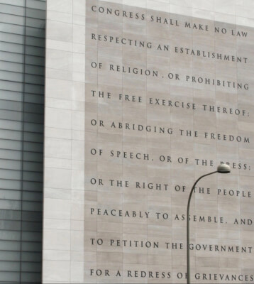 The Newseum's depiction of the five freedoms guaranteed by the First Amendment to the US Constitution in Washington, D.C..Photo courtesy of Wikipedia
