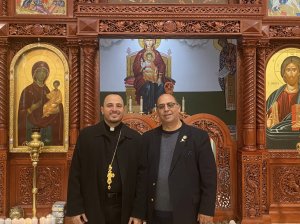 St. George Antiochian Orthodox Church Pastor Rev. Fouad Saba with American Arab Chamber of Commerce President Hassan Nijem at a property tax refund workshop organized by Cook County Treasurer Maria Pappas where nearly $90,000 in tax overpayments were refunded