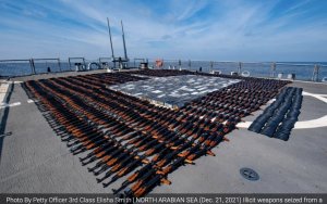 On December 20, the United States Navy 5th Fleet seized upwards of 1,400 AK-47 assault rifles and 226,600 rounds of ammunition from a vessel originating from Iran.  This ship was on a route historically used to illegally smuggle weapons to the Houthis in Yemen. Photo By Petty Officer 3rd Class Elisha Smith | NORTH ARABIAN SEA (Dec. 21, 2021) Illicit weapons seized from a stateless fishing..