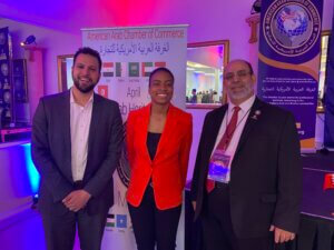 From left, Abdelnasser Rashid who is a candidate for th eIllinois House of Representatives, Metropolitan Water Reclamation District Commissioner Chakena Perry, and American Arab Chamber of Commerce President Hassan Nijem at the Arab American Heritage Month dinner March 30, 2022