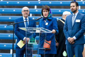 Congresswoman Marie Newman addresses the prayer attendees at SeatGeek Stadium Monday May 2, 2022