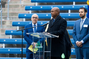House Speaker Chris Welch and Mosque Foundation President Oussama Jammal welcome prayer attendees to Seat Geek Stadium 