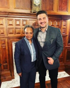 Racist anti-Arab Chicago Mayor Lori Lightfoot poses with Edwards Realty President Ramzi Hassan posted on Facebook on posted June 3, 2022 on Facebook right after the second press conference demanding that Lightfoot end her discrimination.