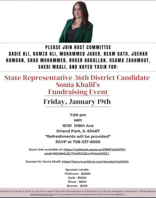 Fundraiser for Sonia Khalil Jan. 19, 2024 7 PM for the 36th District