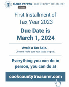 Cook County Treasurer Maria Pappas property taxes due March 1, 2024