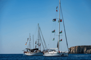 Boats with the Global Sumud Flotilla to Gaza are seen moored at the small island of Koufonisi, south of the island of Crete, on September 26, 2025. (Photo: AFP/ Eleftherios Elis) Courtesy of the Committee to Protect Journalists