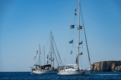 Boats with the Global Sumud Flotilla to Gaza are seen moored at the small island of Koufonisi, south of the island of Crete, on September 26, 2025. (Photo: AFP/ Eleftherios Elis) Courtesy of the Committee to Protect Journalists
