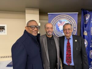 Retired State Rep. Cyril Nichols, American American Democracy Coalition (AADC) founder Samir Khalil and journalist Ray Hanania at the American Arab Chamber of Commerce Best of the Best Awards Dec. 9, 2025