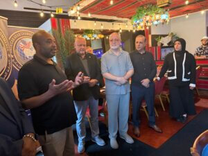 State Rep. Justin Slaughter, Mayor Jim Dodge, Al Bahaar Restaurant co-owner Khalil Ismail, Businessman Mohammed Abdullah and Orland Township Trustee Lena Matariyeh